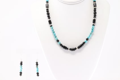 America Sterling Silver Black Onyx & Turquoise Pearl Beaded Necklace & Earring's Set.