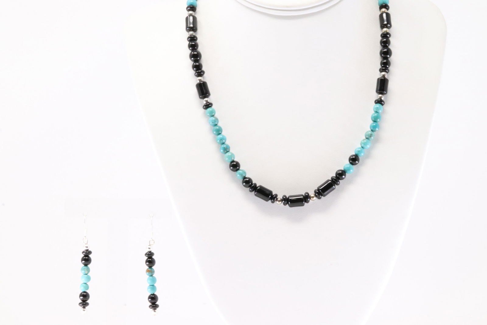 America Sterling Silver Black Onyx & Turquoise Pearl Beaded Necklace & Earring's Set. (1 of 5)
