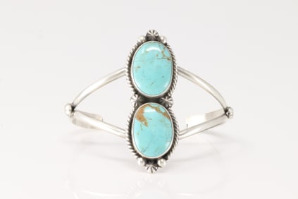 Native America Navajo Sterling Silver Kingman Turquoise Bracelet 2 Stone Cuff By Alfred Martinez.
