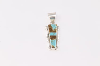 Native America Navajo Sterling Silver Turquoise Inlay Pendant By S.F.