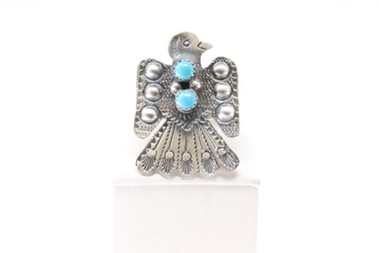 Native America Navajo Sterling Silver Turquoise Thunderbird Ring By L.Yazzie.