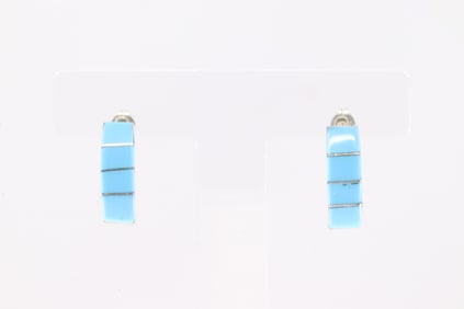 Native America Zuni Sterling Silver Turquoise Inlay Post Earring's By Gilbert Kanesta.