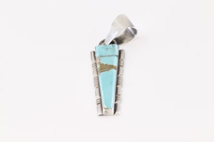 Native America Navajo Sterling Silver Turquoise Inlay Pendant By SF.