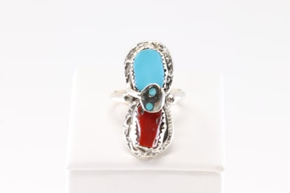 Native America Zuni Sterling Silver Coral & Turquoise Ring By Effie C.