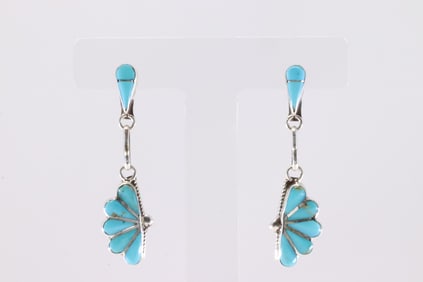Native America Zuni Sterling Silver Turquoise Inlay /  Post Dangling Earring's By Velda Nastacio.