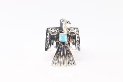 Native America Navajo Sterling Silver Turquoise Thunderbird Ring By Franklin Johnson.