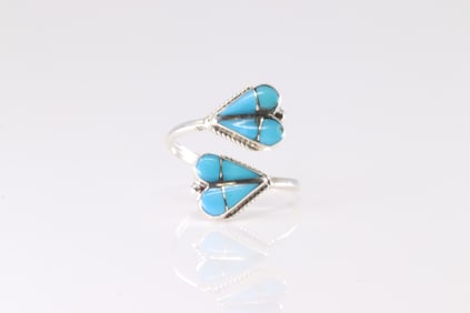 Native America Zuni Sterling Silver Turquoise Inlay Ring By RVN.