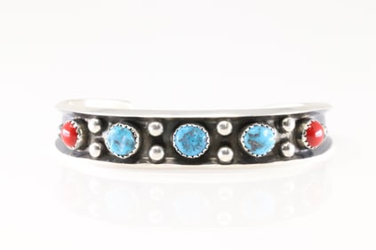 Native America Navajo Sterling Silver Coral & Turquoise Bracelet Cuff By Paul Largo.