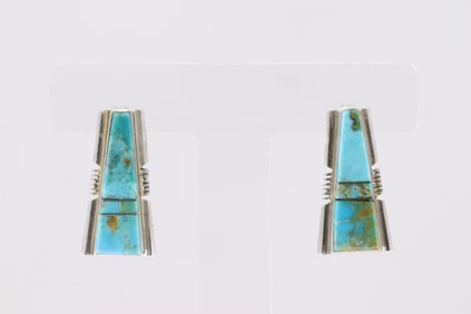 Native America Navajo Sterling Silver Kingman Turquoise Inlay Post Earring's By Steve Francisco.