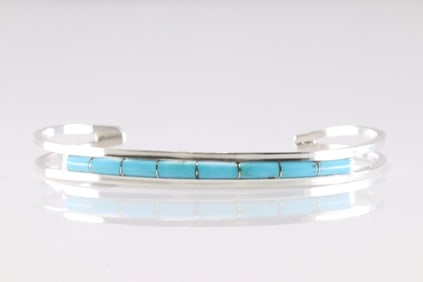 Native America Navajo Sterling Silver Turquoise Inlay Bracelet Cuff By ALW. From C Company.