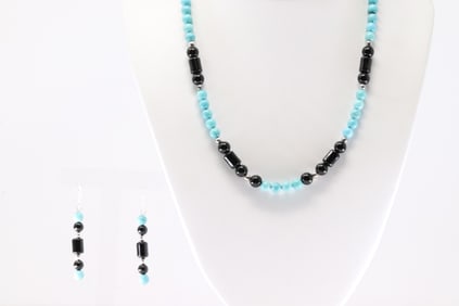 America Sterling Silver Black Onyx & Turquoise Necklace & Earring's Set.