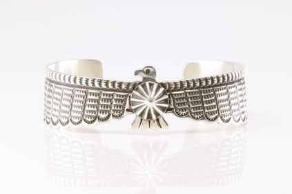 Native America Navajo Sterling Silver Solid Stamped Thunderbird Bracelet Cuff By Darrell Cadman.
