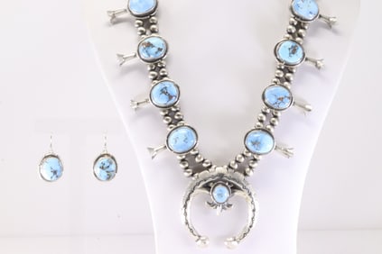 Native America Navajo Sterling Silver Golden Hill Turquoise Squash Blossom Necklace & Earring's Set