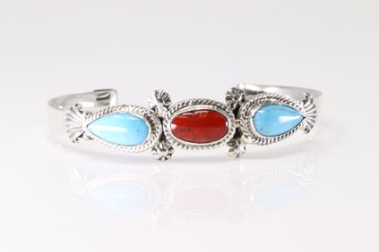 Native America Navajo Sterling Silver Coral & Turquoise Bracelet Cuff By H.B.