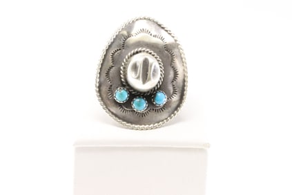 Native America Navajo Sterling Silver Turquoise Cowboy Hat Ring By Bobby Platero. From R.B Company.