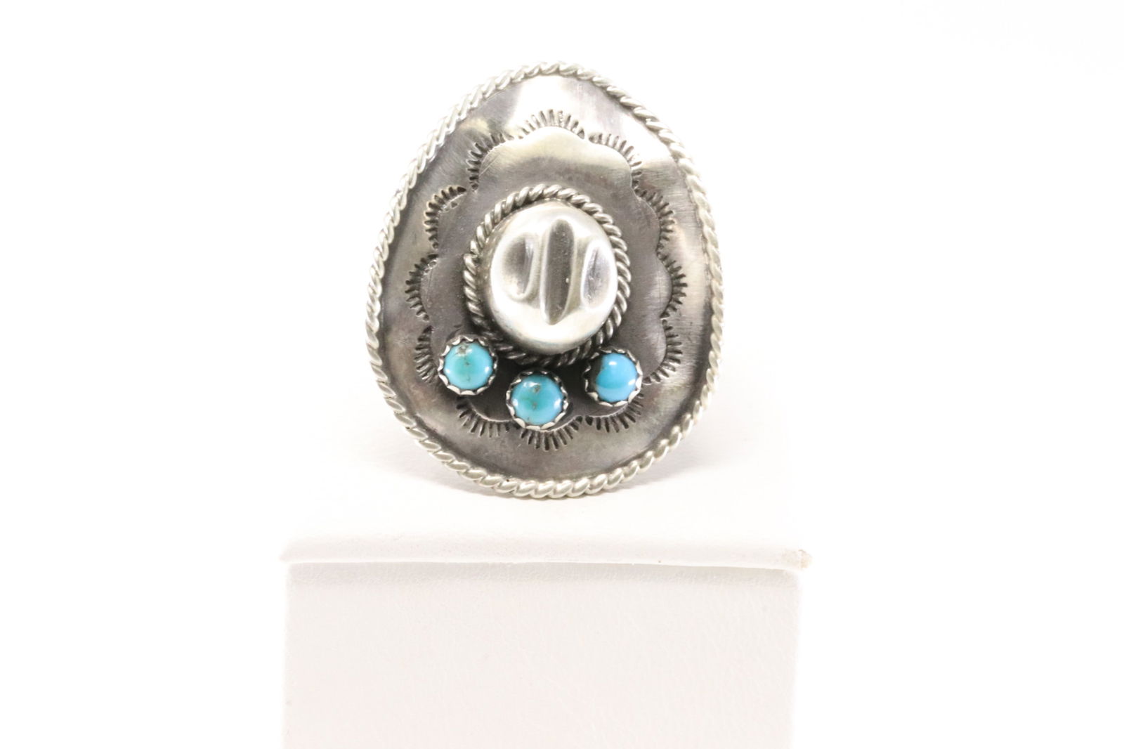 Native America Navajo Sterling Silver Turquoise Cowboy Hat Ring By Bobby Platero. From R.B Company.: This is a Native America Navajo Sterling Silver Turquoise Cowboy Hat Ring By Bobby Platero. From R.B Company. Stamp R.B. Ring Size: 8.00.