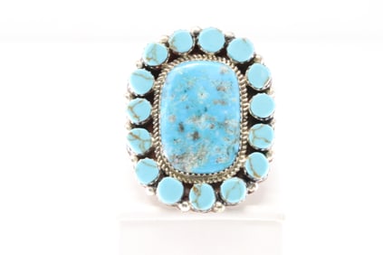 Native America Navajo Sterling Silver Kingman Turquoise Ring By L.Etcitty.