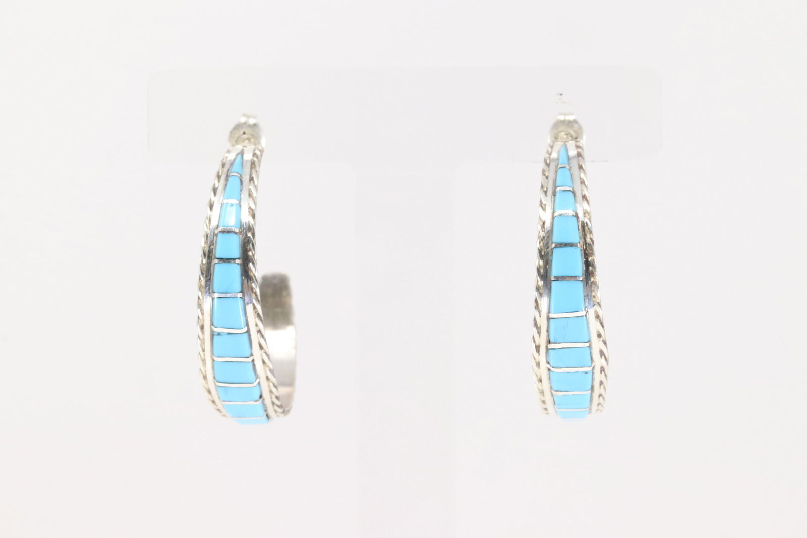 Native America Zuni Sterling Silver Kingman Turquoise Inlay Hoop Earring's By Malcolm Chavez.: This is a Native America Zuni Sterling Silver Kingman Turquoise Inlay Hoop Earring's By Malcolm Chavez. Stamp M.C.