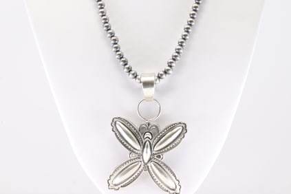 Native America Navajo Sterling Silver Butterfly Pendant By Roland Dixson. With Machine Made Starling
