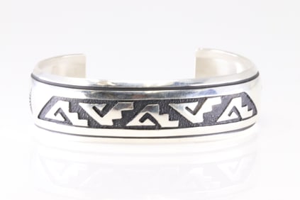 Native America Navajo Sterling Silver Stamped Bracelet Cuff By T/R Singer.