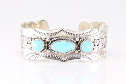 Native America Navajo Sterling Silver Turquoise Bracelet Cuff By Charlene Yazzie.