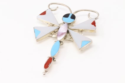 Native America Zuni Sterling Silver Multicolor Stone Inlay Clip Pendant By Aidishta.