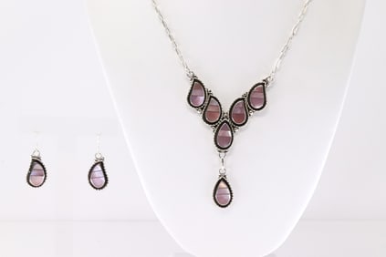 Native America Zuni Sterling Silver Pearl Necklace & Earring's Set By Faye Lowsayatee.