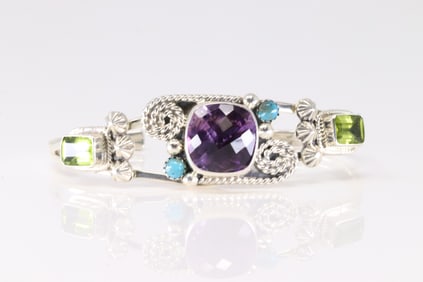 Native America Navajo Sterling Silver Amethyst & Turquoise Bracelet Cuff By Emerson Delgarito. From