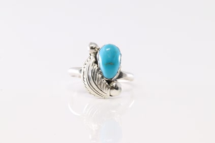 Native America Navajo Sterling Silver Turquoise Feather Ring By Simplicio.