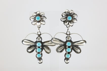 Native America Navajo Sterling Silver Kingman Turquoise Dragonfly Post / Dangling Earring's By