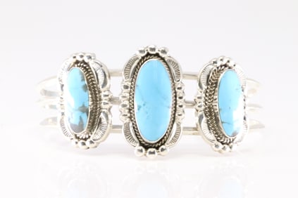 America Sterling Silver Turquoise Bracelet 3 Stone Cuff.