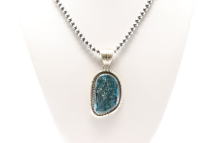 Native America Navajo Sterling Silver Turquoise Pendant By Alfred Martinez. With Machine Made
