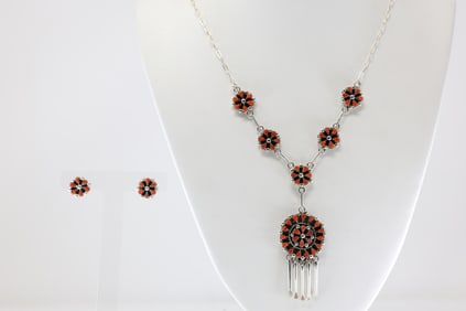 Native America Zuni Sterling Silver Coral Necklace/ Post Earring's Set By Tricia Leekity.