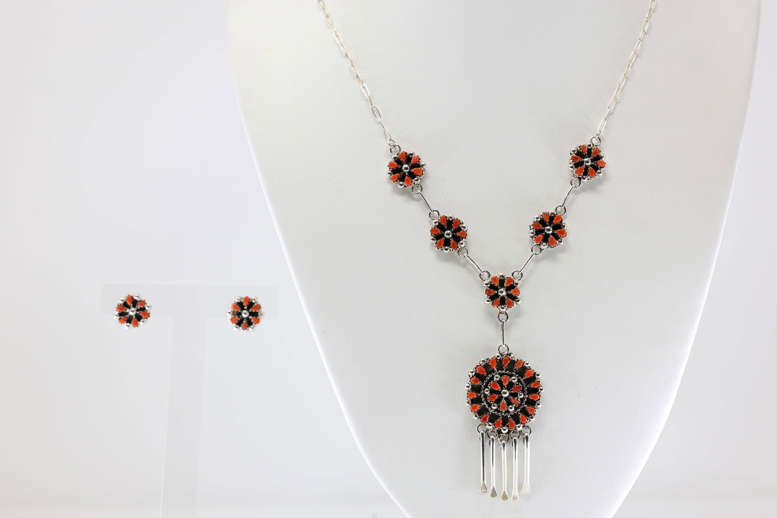 Native America Zuni Sterling Silver Coral Necklace/ Post Earring's Set By Tricia Leekity. (1 of 5)