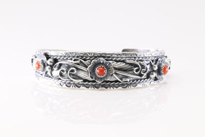 Native America Navajo Sterling Silver Coral Floral Bracelet Cuff By Bessie Joe.