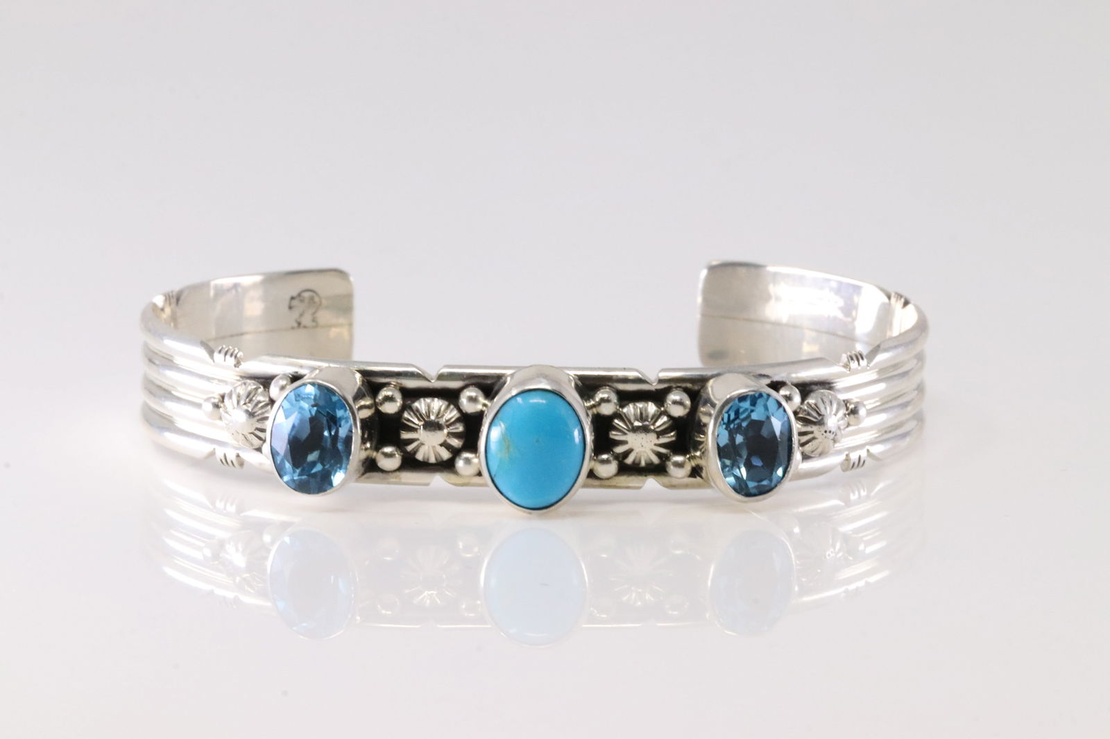 Native America Navajo Sterling Silver Blue Topaz & Turquoise Bracelet Cuff By Gilbert Smith. From (1 of 4)