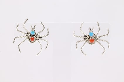 America Sterling Silver Coral & Turquoise Spider Post Earring's.