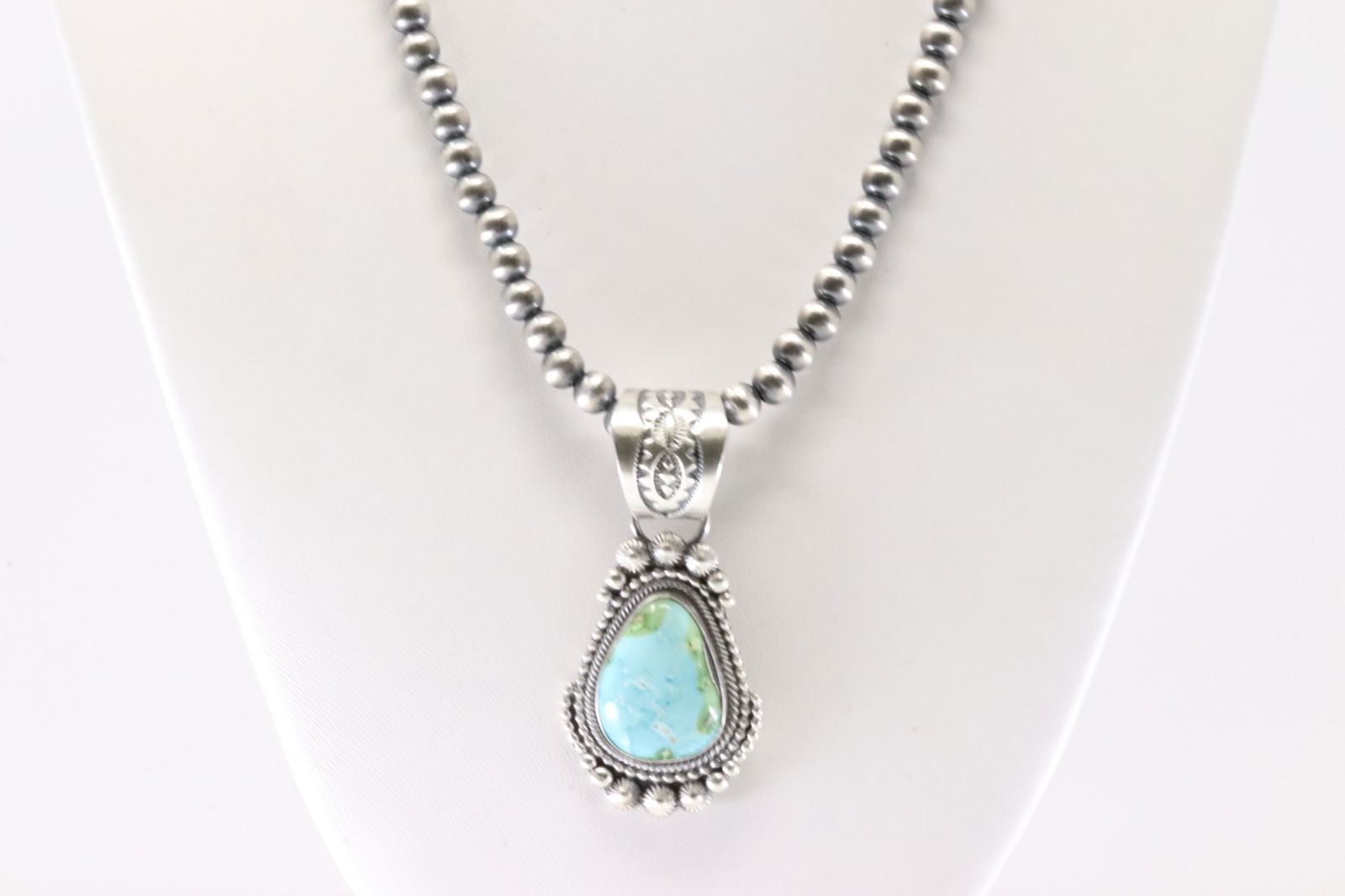 Native America Navajo Sterling Silver Turquoise Pendant By Tom Lewis. With Machine Made Stearling (1 of 4)