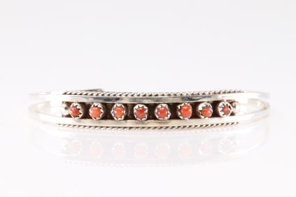 Native America Zuni Sterling Silver Coral Bracelet Cuff by Susie Livingston.