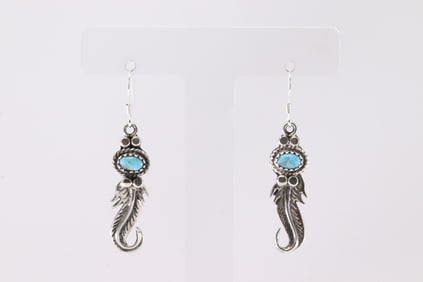 Sterling Silver Turquoise Feather Dangling Earring's.