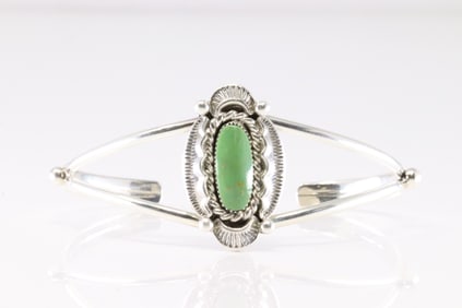 Native America Navajo Sterling Silver Turquoise Bracelet Cuff By Sadie Jim.
