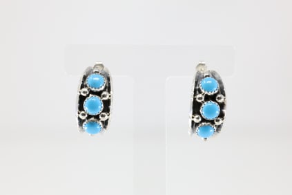 Native America Navajo Sterling Silver Kingman Turquoise Hoop Earring's By Reed Charley.