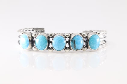Native America Navajo Sterling Silver Turquoise 5 Stone Bracelet Cuff By Phyllis A. Smith.