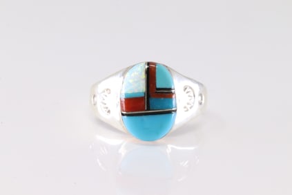 Native America Navajo Sterling Silver Multi-Color Stone Inlay Ring By M.L.