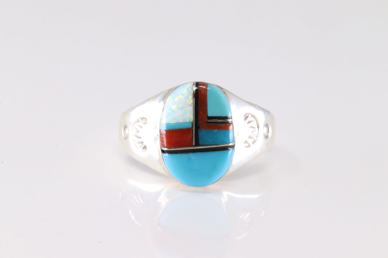 Native America Navajo Sterling Silver Multi-Color Stone Inlay Ring By M.L. (1 of 4)