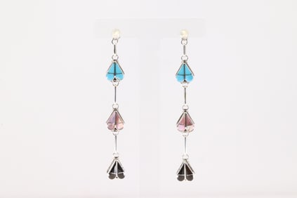 Native America Zuni Sterling Silver Black Onyx / Opal & Turquoise Heart Post / Dangling Earring's By