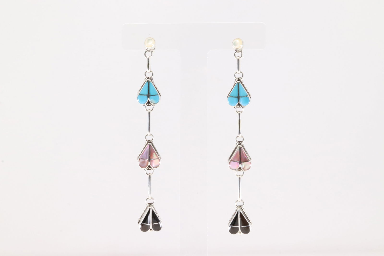 Native America Zuni Sterling Silver Black Onyx / Opal & Turquoise Heart Post / Dangling Earring's By (1 of 4)