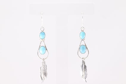 Native America Navajo Sterling Silver Turquoise Feather Dangling Earring's By Sadie Jim. From R.B