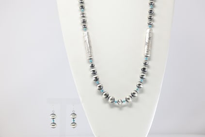 Native America Navajo Sterling Silver Turquoise /  Pearl Beaded Necklace & Earring's Set By Sharon