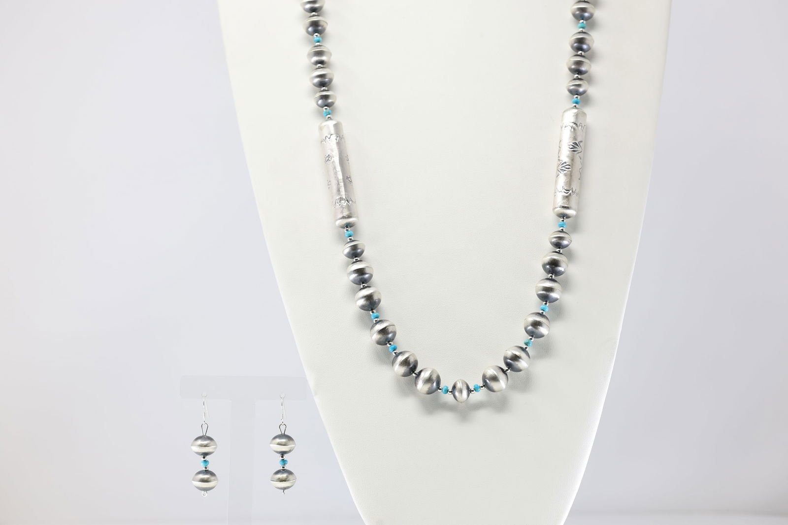 Native America Navajo Sterling Silver Turquoise /  Pearl Beaded Necklace & Earring's Set By Sharon (1 of 6)